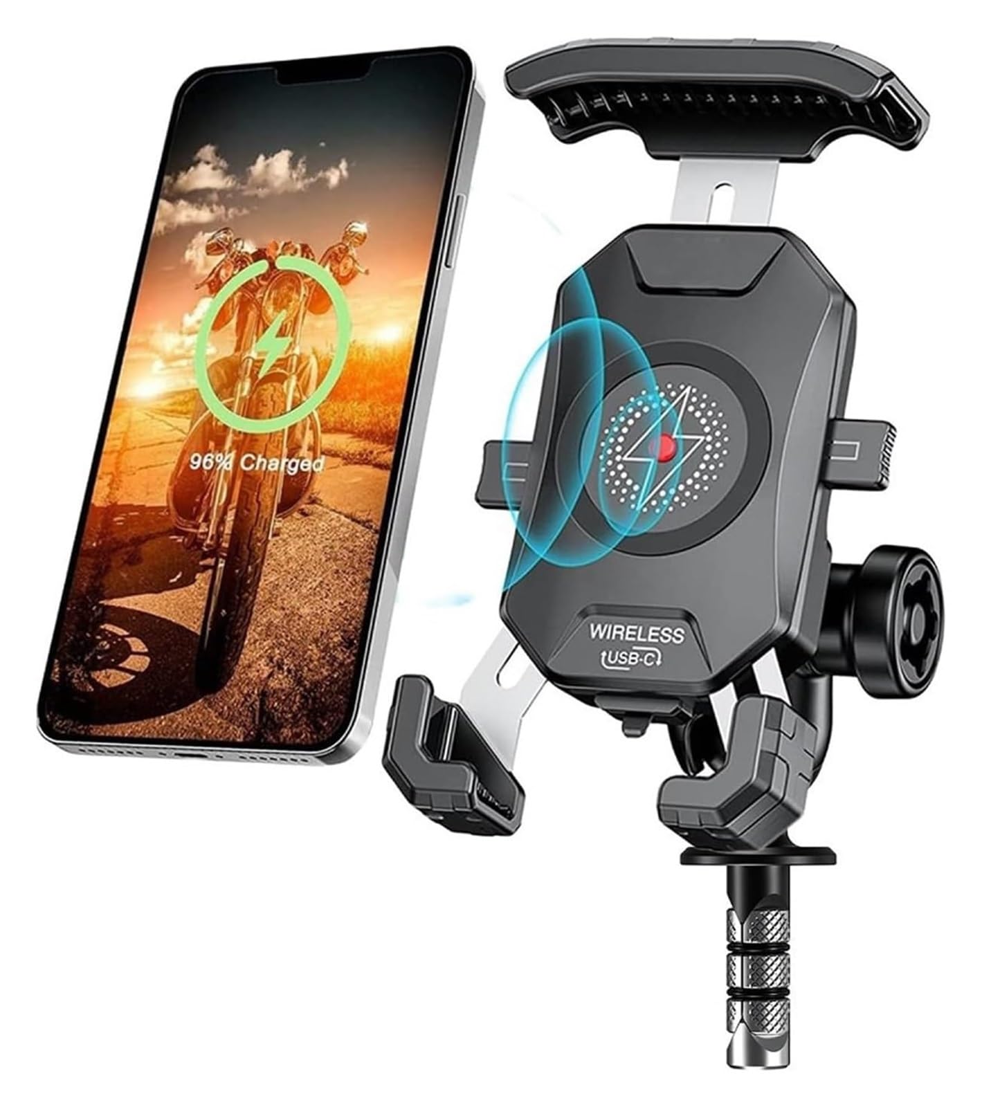 GPS Navigationshalterung Motorrad Für 4,0 "-7,0" Handys Motorrad Gabel Vorbau Telefon Halter Wireless/USB C Ladegerät Schnell Ladung Anti-diebstahl Lenker Spiegel Halterung(Anti-Theft Fork Stem) von ACEBSBGGAP