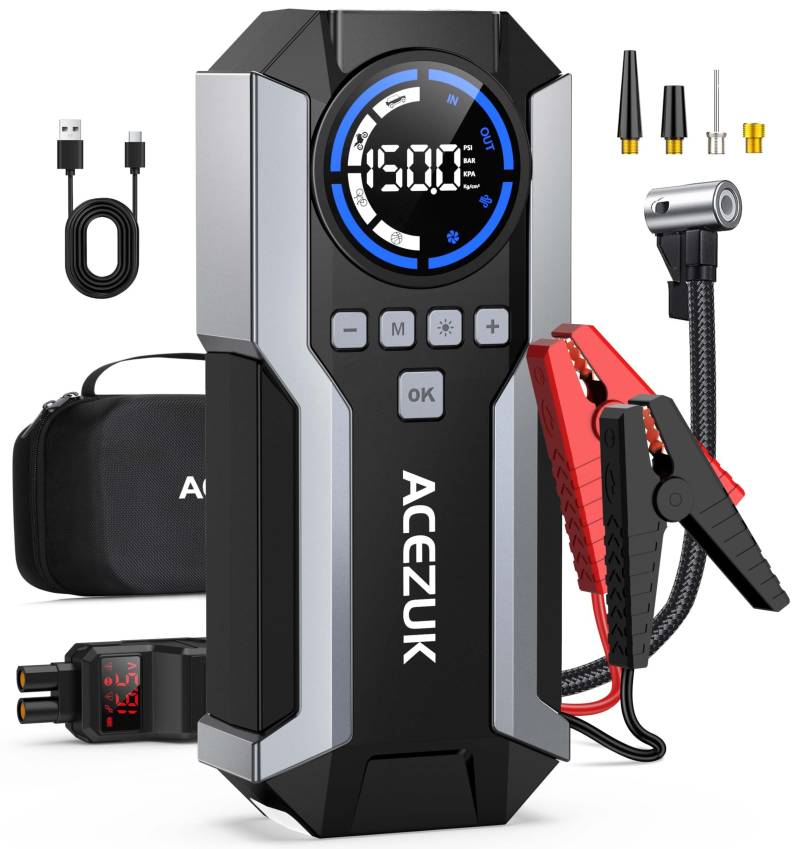 ACEZUK Starthilfe Powerbank 6000A 150PSI Kompressor (Bis Zu 10,0L Benzin Oder 8.0L Diesel) Auto Starthilfe LED-Taschenlampe, großen Bildschirm, Jumper Bildschirm von ACEZUK