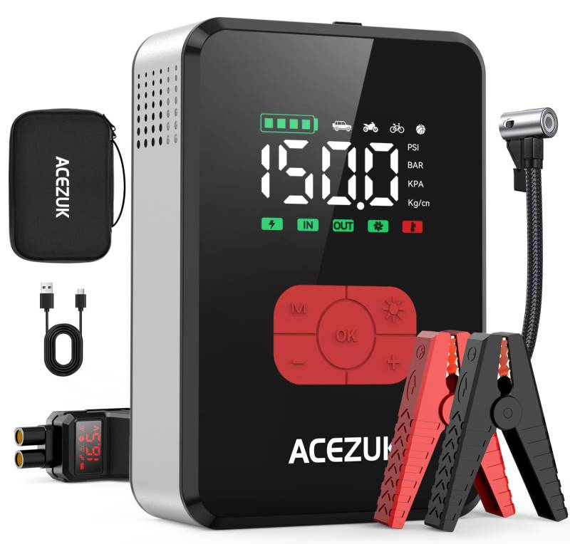 ACEZUK Starthilfe Powerbank mit 150PSI Kompressor 7000A Starter Powerbank für PKW mit 3,4" LCD Bildschirm,600 Lumen Notbeleuchtung,Zwangsweise Startfunktion von ACEZUK