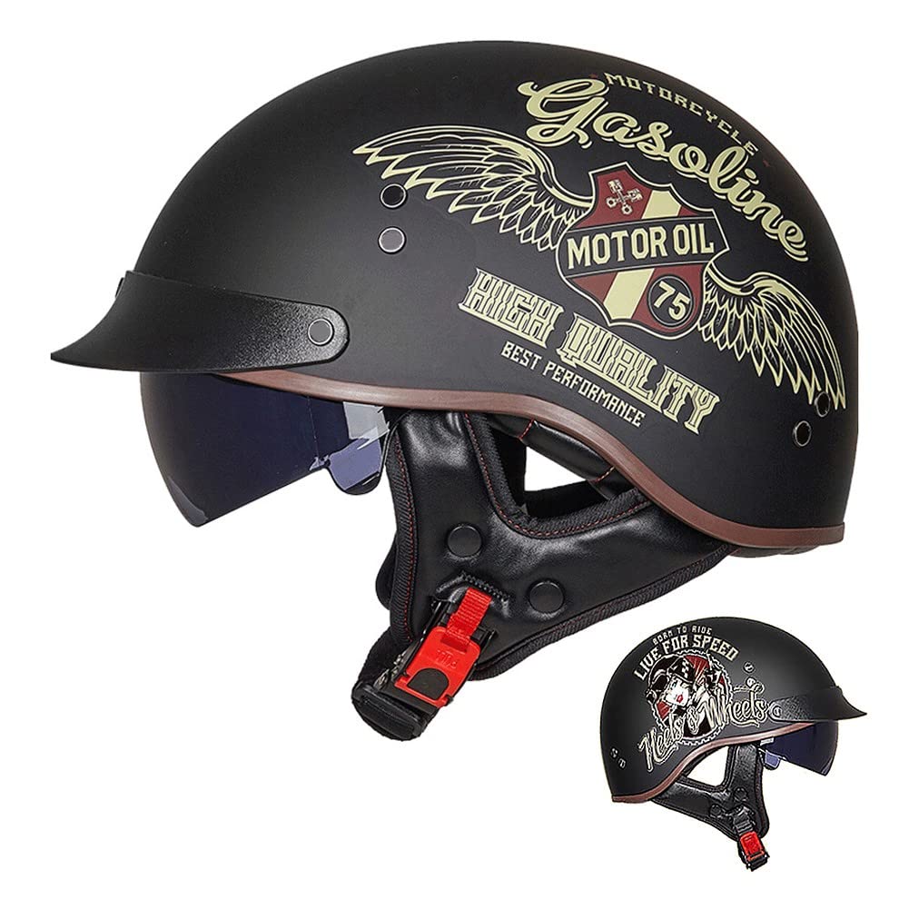 Halbschalenhelm mit ECE, Jethelm Retro, Chopper Helm, Retro Motorrad Helm, Scooter-Helm, Offenem Helm, mit Sonnenblende und Herausnehmbares Atmungsaktives Futter M~XXL 57~64CM von ACLFFSHOP