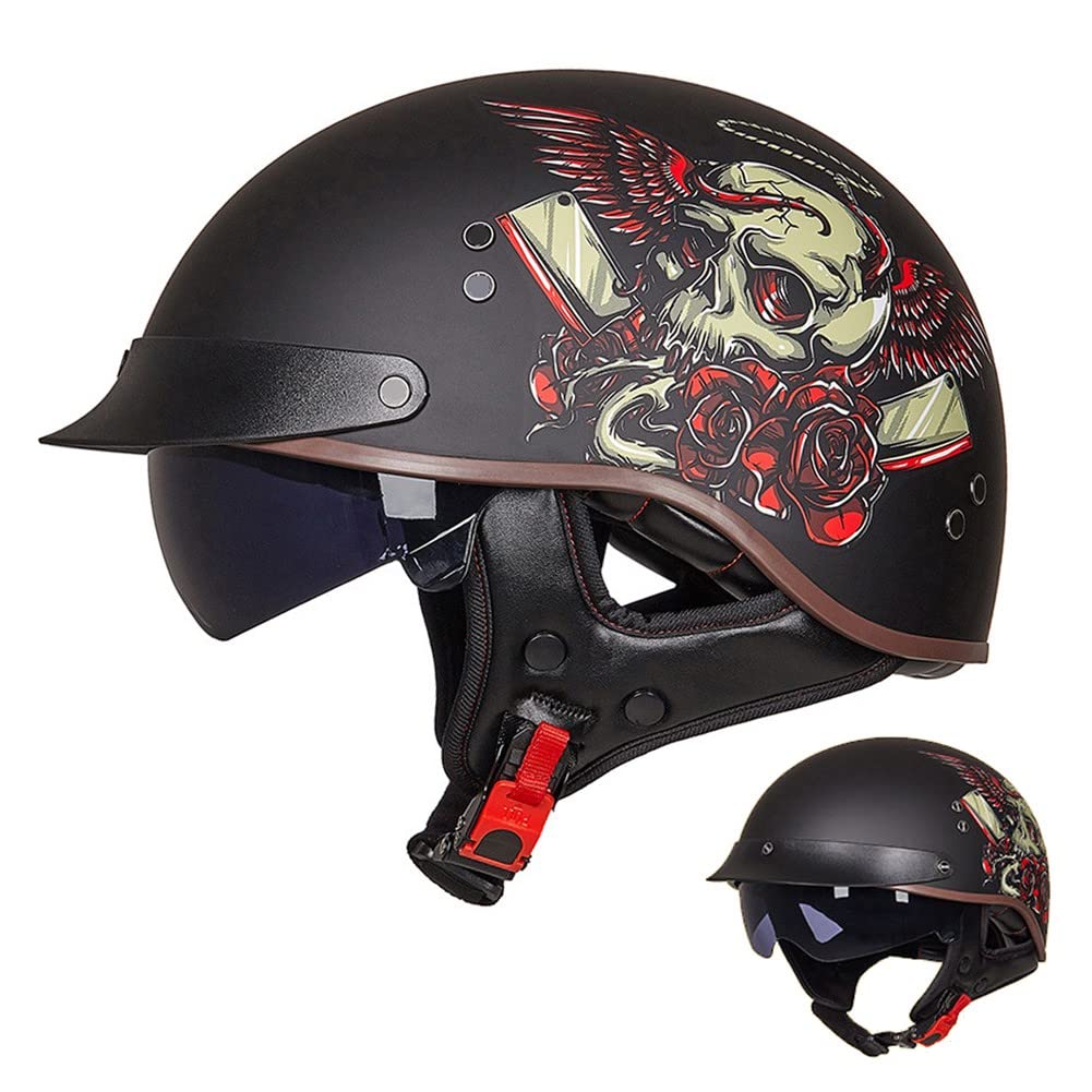 Halbschalenhelm mit ECE, Jethelm Retro, Chopper Helm, Retro Motorrad Helm, Scooter-Helm, Offenem Helm, mit Sonnenblende und Herausnehmbares Atmungsaktives Futter M~XXL 57~64CM von ACLFFSHOP