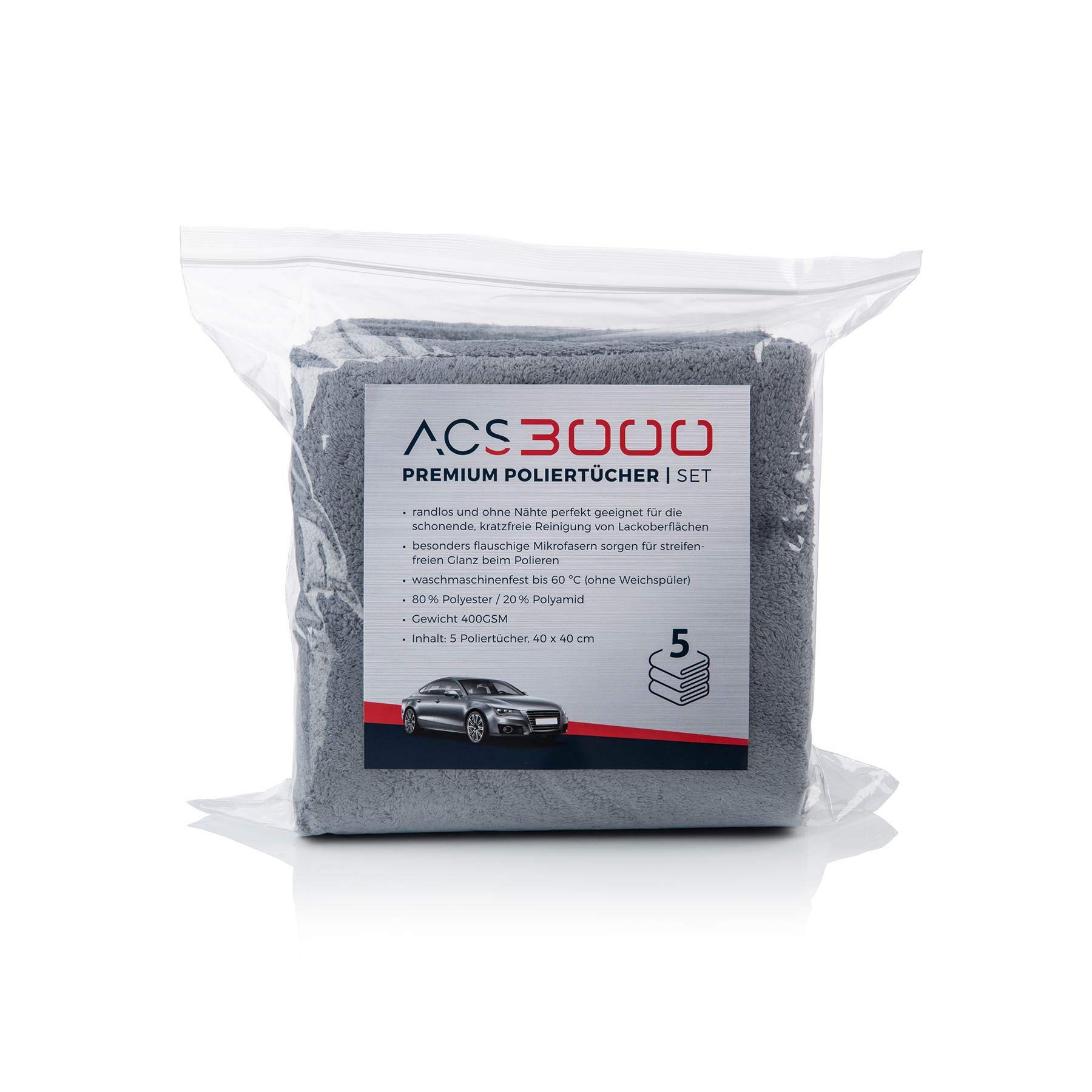ACS 3000 Premium Poliertücher 5er Set aus ultraweichen Mikrofasern, grau Laser-Edge', 40 x 40 cm, 400 GSM ACS 3000 Premium Poliertücher 5er Set aus ultraweichen Mikrofasern, grau Laser-Edge', 40 x 40 cm, 400 GSM von ACS 3000