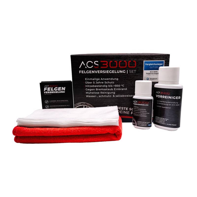 ACS3000 Felgenversiegelung Set. 5 Jahre Hochglanz und Schutz vor Salz, Bremsstaub und Verschmutzung bis +850°C bei einmaliger Anwendung. Set mit Vorreiniger, Handschuhen, Tüchern und Felgenversiegelung (50 ml) von ACS 3000