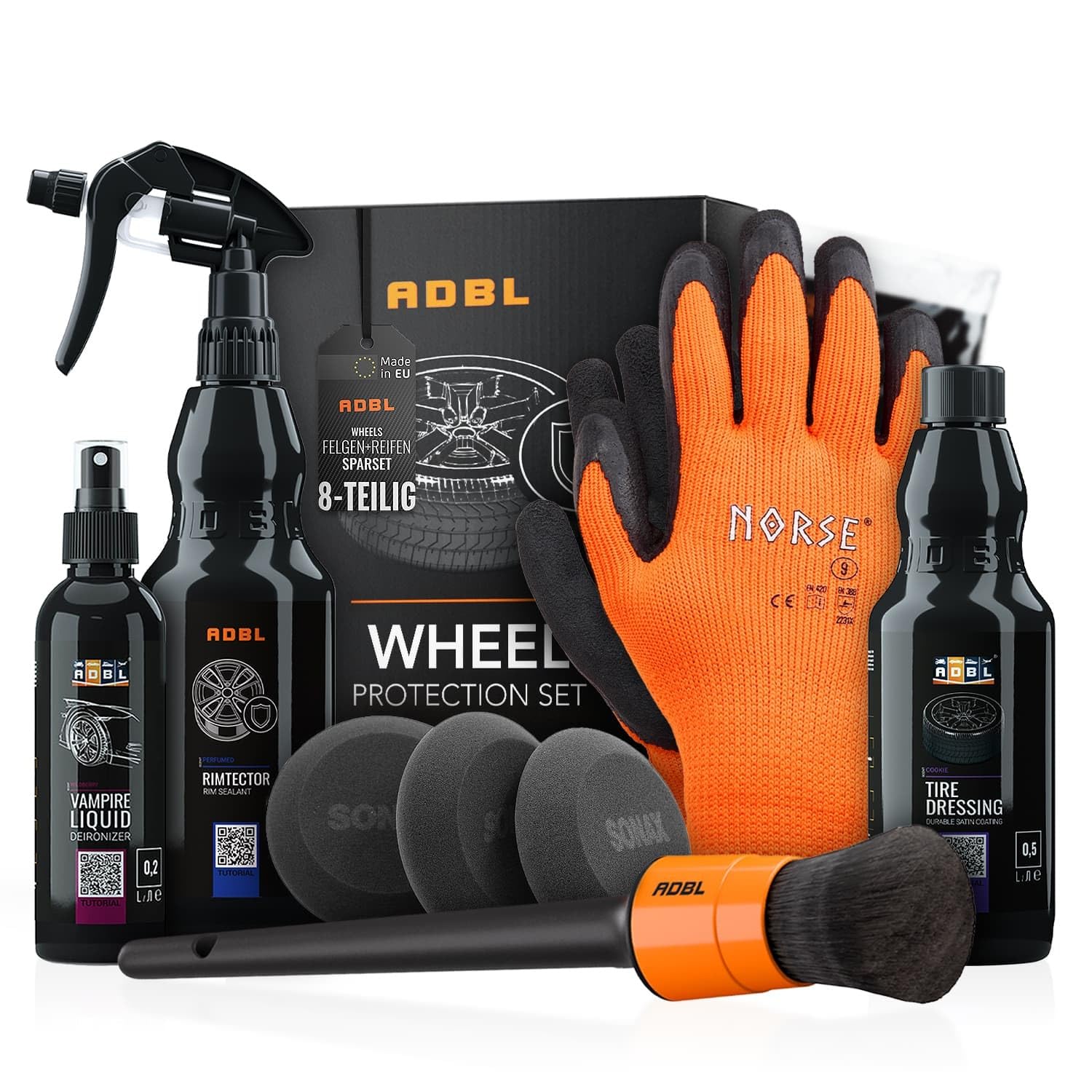 ADBL Autopflege Set: Wheel Protection Set - Autopflege Set für die schonende Felgen & Reifen Pflege inkl. Zubehör - Auto Felgen Detailer Versiegelung, Reifenpflege, Kunststoffpflege | 8-teilig von ADBL