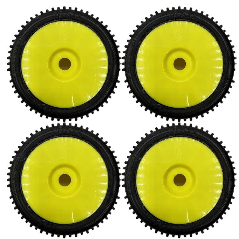 Reifen 6mik JOKER auf gelber Felge Gummi 15/25° - montiert und geklebt - Buggy TT RC 1/8 - RC Auto - Wettbewerbe - 4er Set Reifen von ADN-Racing
