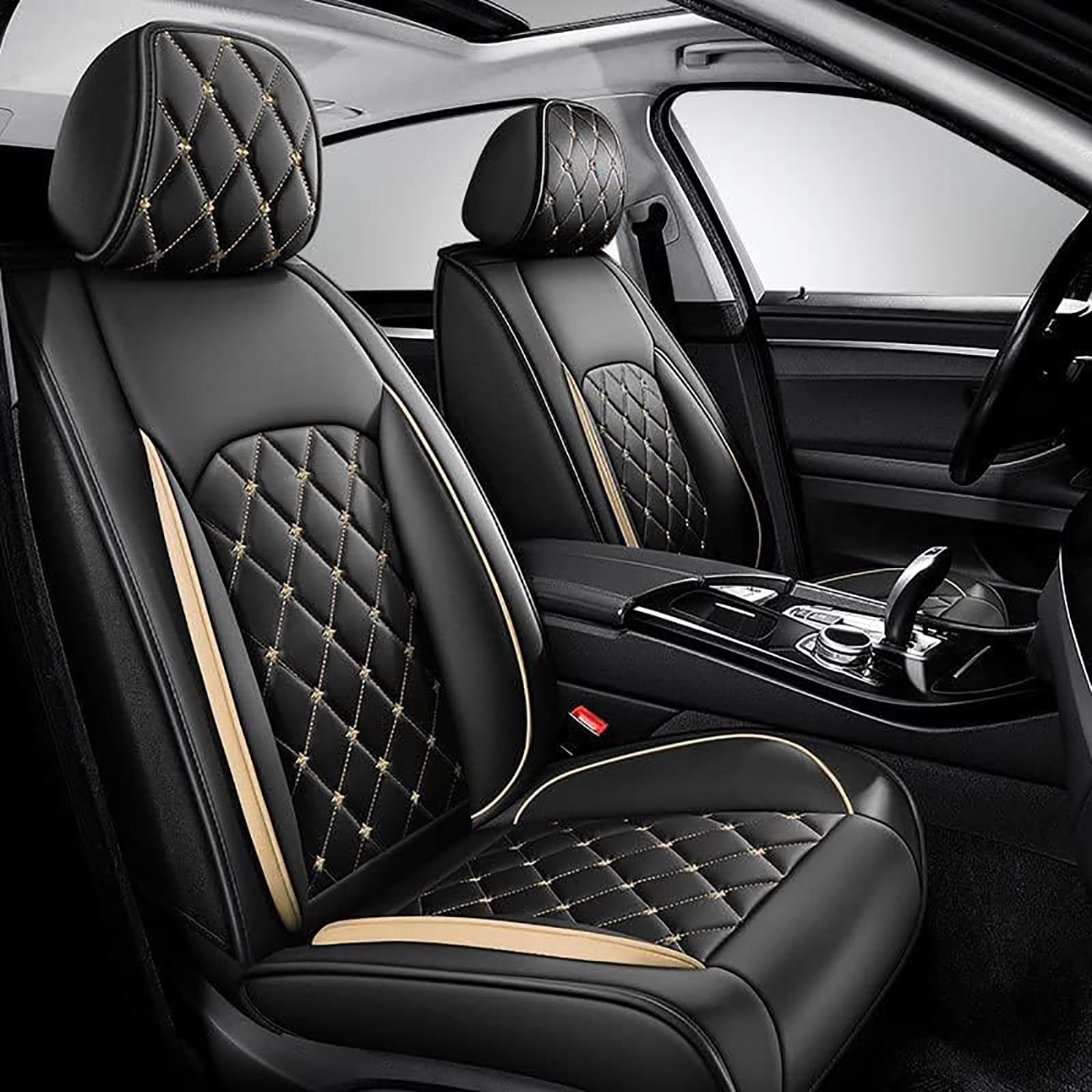 Auto Sitzbezug Für Hyundai Tucson NX 4.Generation SUV 2020-2023, Leder Vorne und Hinten Autositzbezüge Sitzschoner Allwetter Airbag Kompatibel Komfortabler Zubehör,D/Black-Gold von ADNIVS