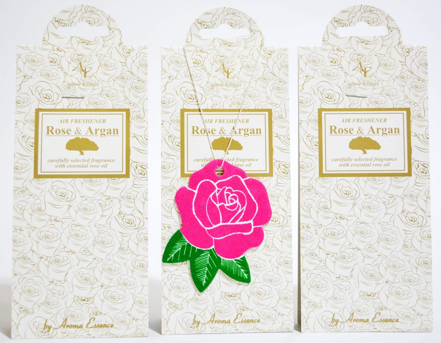 Argan und Rose Auto Lufterfrischer von Aroma Essence, 3 Stück, Langlebiger Luxus Blumenduft für Zuhause und Büro mit Rosenöl von AE Aroma Essence