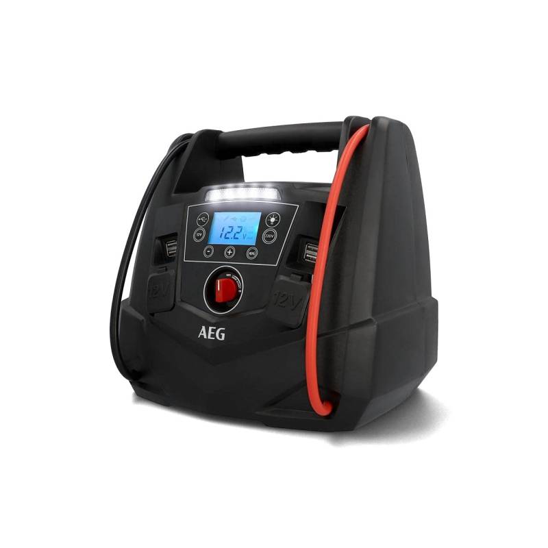 AEG Tragbare 12V Energiestation Auto Starthilfe, Powerstation mit Luftkompressor, 220V Spannungswandler, Steckdose,mit 4 USB, Kompatibel mit PKW, Schwarz/Rot von AEG