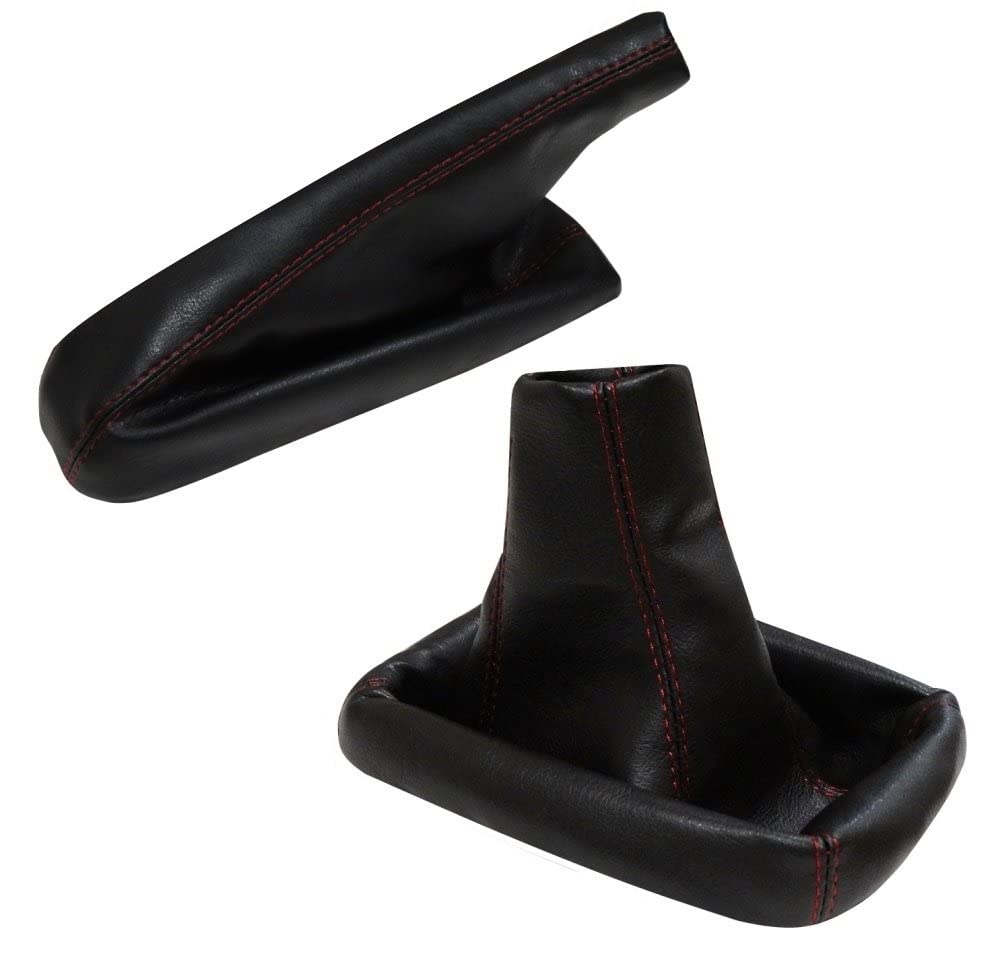 AERZETIX: Schalthebel und Handbremse Deckel aus schwarzem Kunstleder mit roten Nähten AERZETIX: Schalthebel und Handbremse Deckel aus schwarzem Kunstleder mit roten Nähten von AERZETIX