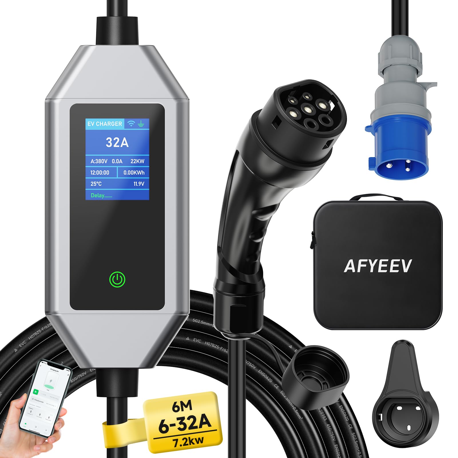 AFYEEV 7.2kW Ladekabel Typ 2 Schuko[1-phasig 6m, 6-32A], Typ 2 Ladekabel Schuko Einstellbarer Strom mit App-Steuerung, Elektroauto für Zuhause und Unterwegs von AFYEEV
