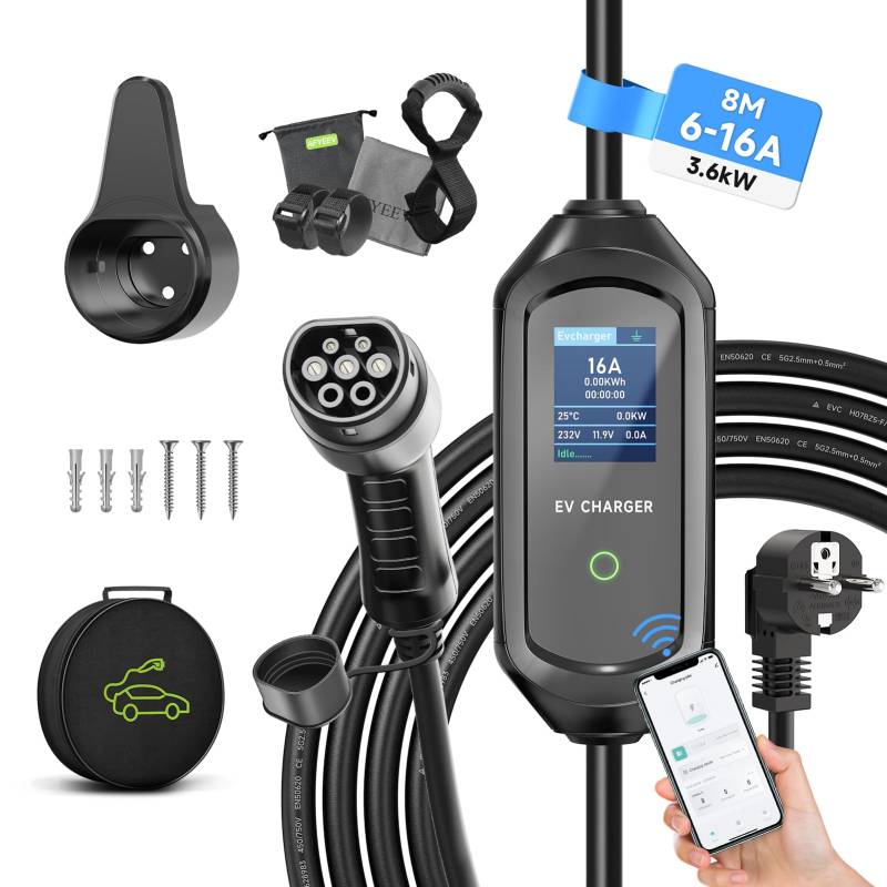 AFYEEV 8m Typ 2 Ladekabel, 3.6kW Ladekabel Typ 2 Schuko, Ladekabel Elektroauto Typ 2 Schuko, 6/8/10/13/16A Einstellbare Strom, Ladekabel Typ 2, EV Ladegerät mit Tasche, IEC 62196-2 von AFYEEV