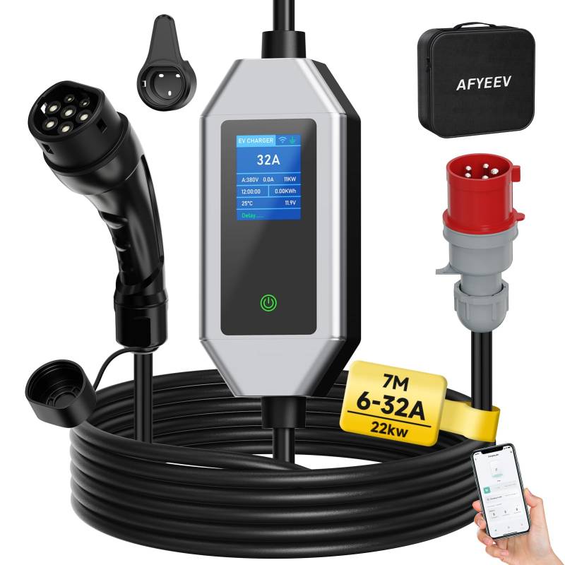 AFYEEV Wallbox 22KW [3-phasig|7m|6-32A] mit APP und 32A Typ 2 Ladekabel Schuko CEE-Stecker, Mobile Wallbox Ladestation für Zuhause von AFYEEV