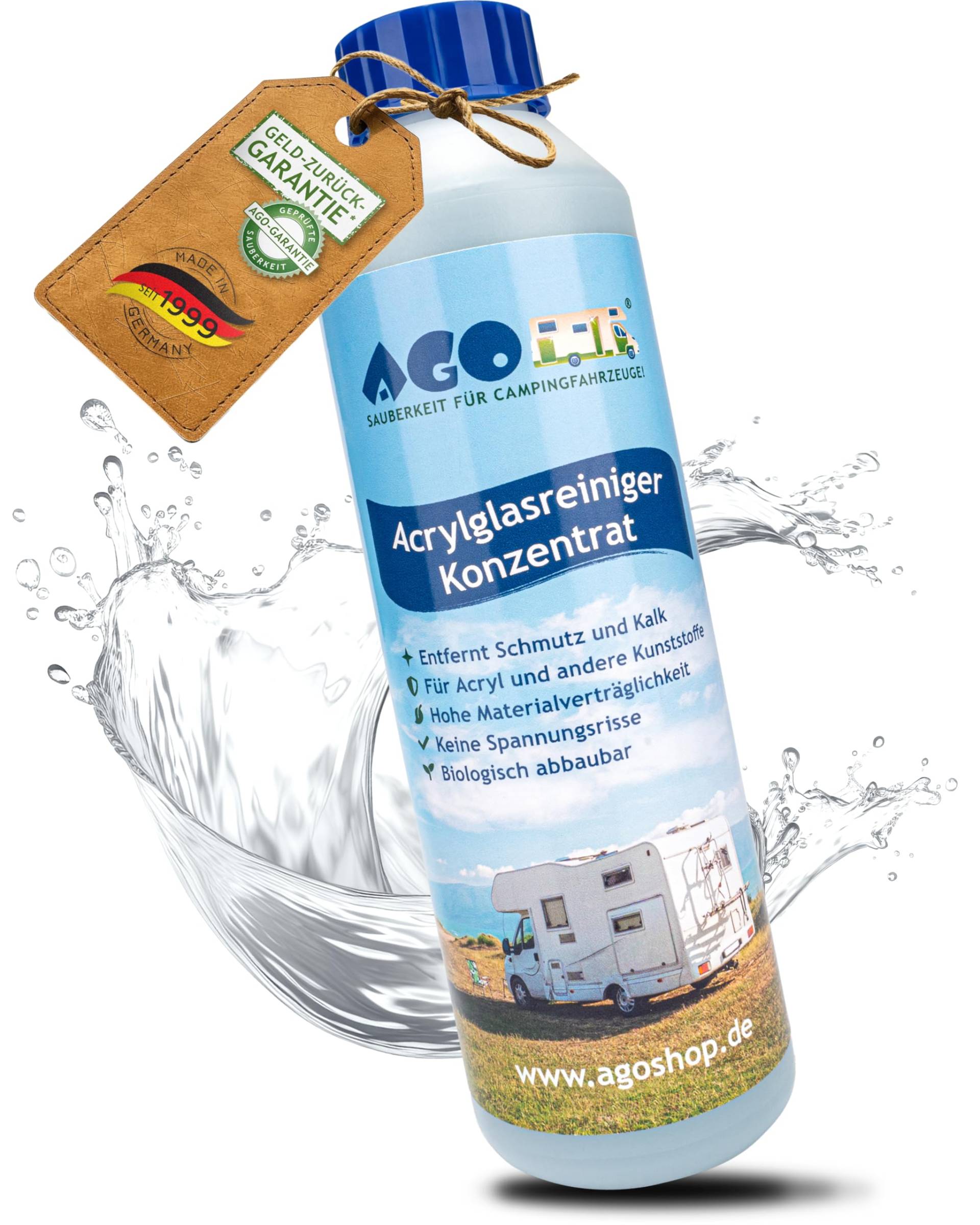 AGO® Acrylglas-Reiniger Konzentrat, Camping-Reinigungsmittel für Wohnwagen, Wohnmobil, Caravan & Camper, reinigt Fenster, Spiegel & Dachluken, 250ml von AGO SAUBERKEIT FÜR CAMPINGFAHRZEUGE!