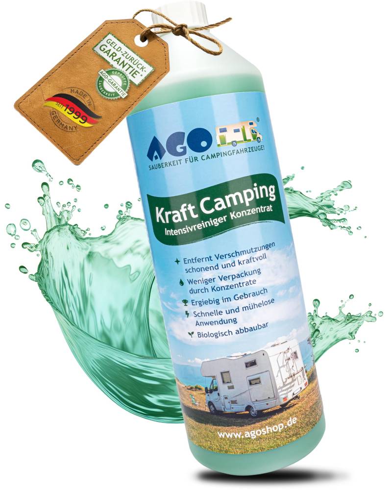 AGO® Camping-Wagen Intensiv-Reiniger Konzentrat, Reinigungsmittel für Wohnwagen, Wohnmobil, Camper, Van & Caravan, entfernt Schmutz & Verfärbungen, 1L von AGO SAUBERKEIT FÜR CAMPINGFAHRZEUGE!