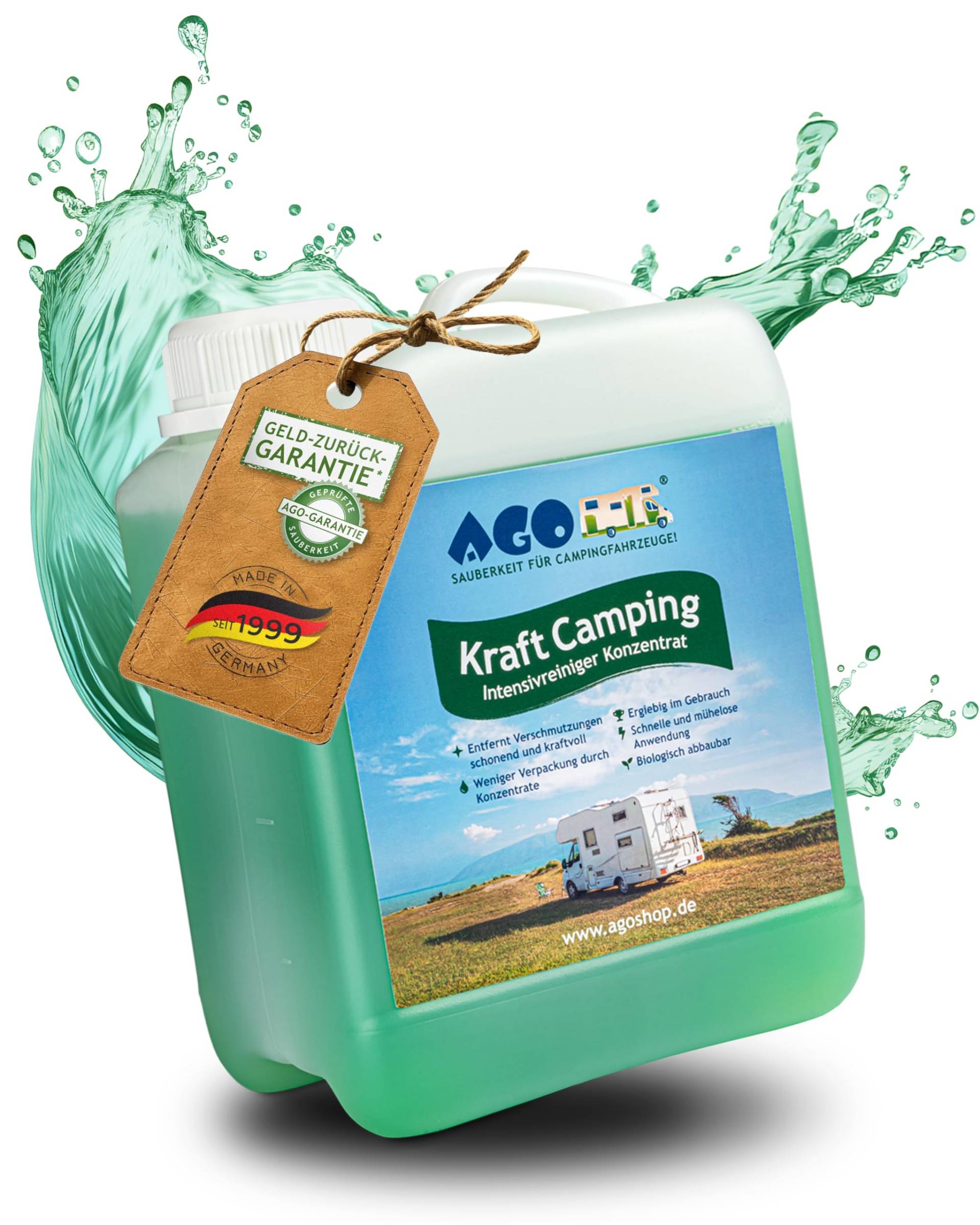 AGO® Camping-Wagen Intensiv-Reiniger Konzentrat, Reinigungsmittel für Wohnwagen, Wohnmobil, Camper, Van & Caravan, entfernt Schmutz & Verfärbungen, 2L von AGO SAUBERKEIT FÜR CAMPINGFAHRZEUGE!