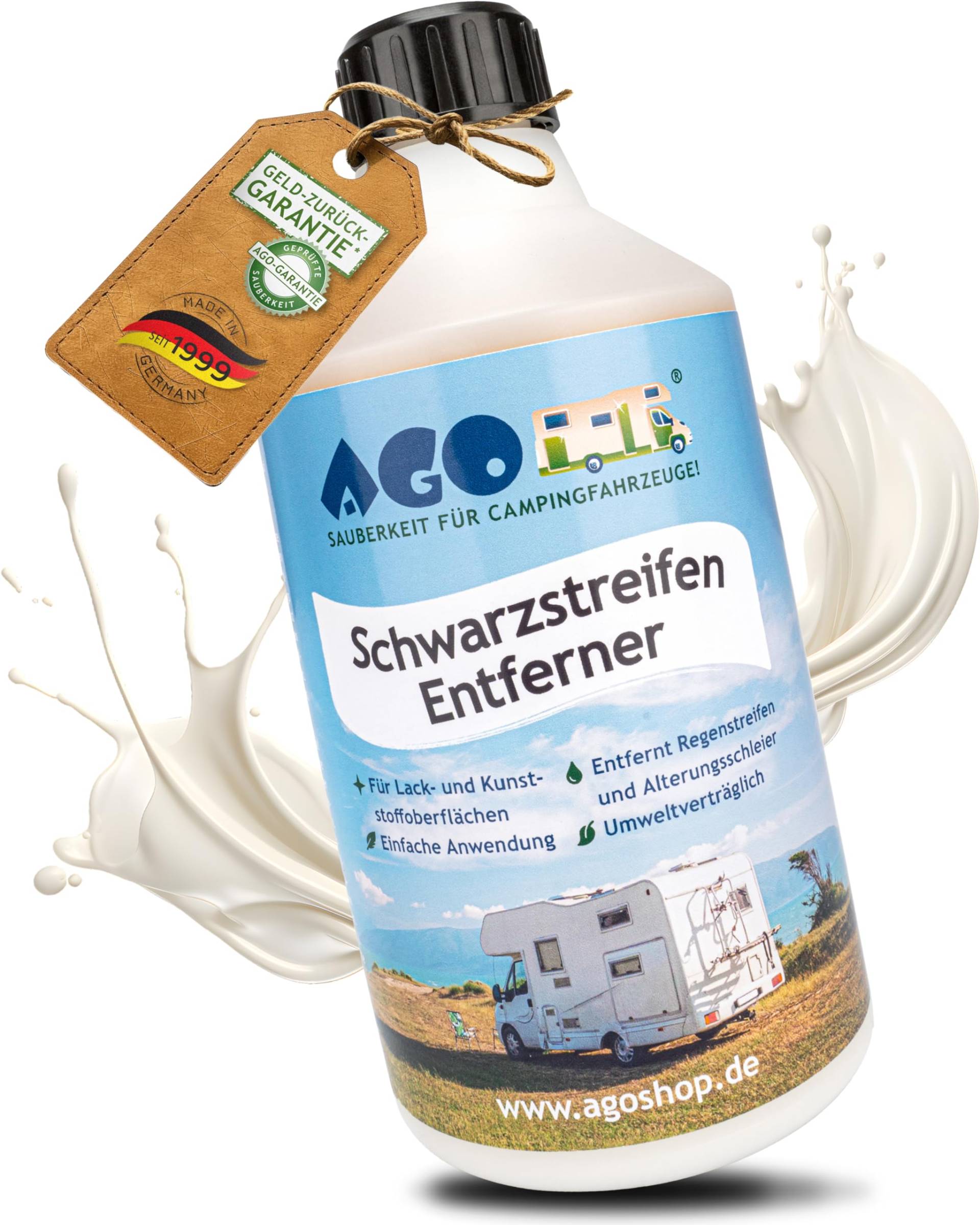 AGO® Schwarzstreifen Entferner, Polier-Reiniger für Wohnwagen, Wohnmobil & Camper, entfernt Regenstreifen & Grauschleier auf Lack & Kunststoff, 500ml von AGO SAUBERKEIT FÜR CAMPINGFAHRZEUGE!