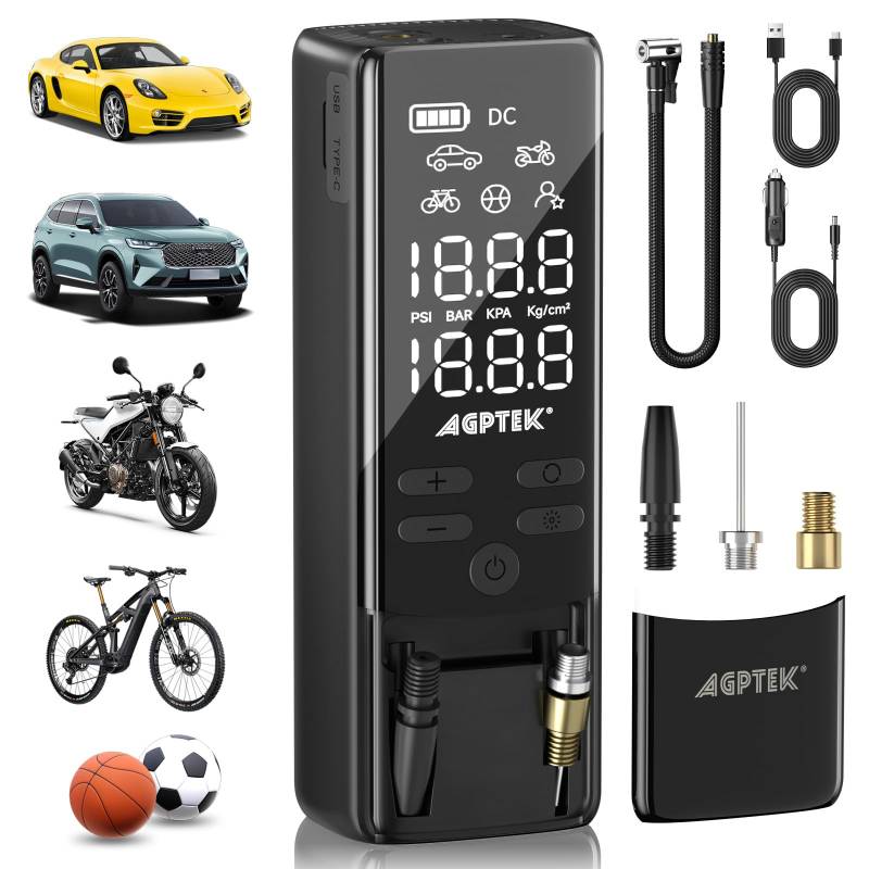 AGPTEK Elektrische Luftpumpe-150PSI & 7500mAh& 12V DC Reifendruckmesser Akku Kompressor, LCD Display mit LED Licht für Autos, Fahrräder & Motorradreifen, Bälle von AGPTEK