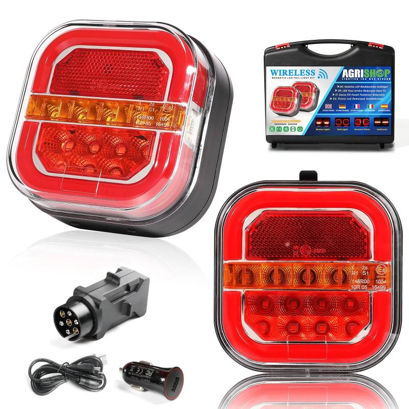 AGRISHOP Kabellos LED Anhänger Rückleuchten,5 Funktion 12/24V Wasserdicht ECE EMC R10 Magnetisches Wireless Anhänger Beleuchtung Led Anhänger Lichter für Wohnwagen KFZ von AGRISHOP