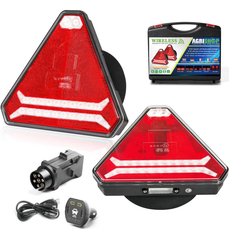 AGRISHOP Magnetisch Kabellos LED Anhänger Rückleuchten Dreieck 12/24v 6Funktion Wasserdicht ECE EMC R10 Dynamisch Wireless Anhängerrücklicht Led für Wohnwagen KFZ von AGRISHOP