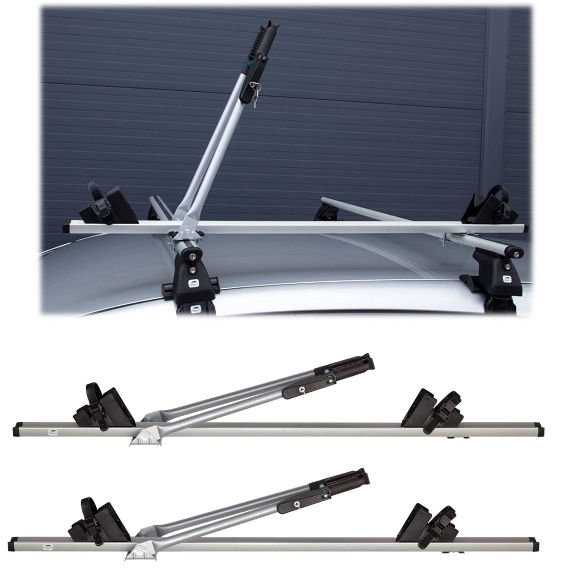 Set 2 x ACOR - Universel Fahrradhalter für 2 Räder Dach-Fahrradträger Fahrradträger für Dachmontage Abschließbar - Montage mit Befestigungsplättchen und Schrauben oder T-Nut Steinen von AHAKA