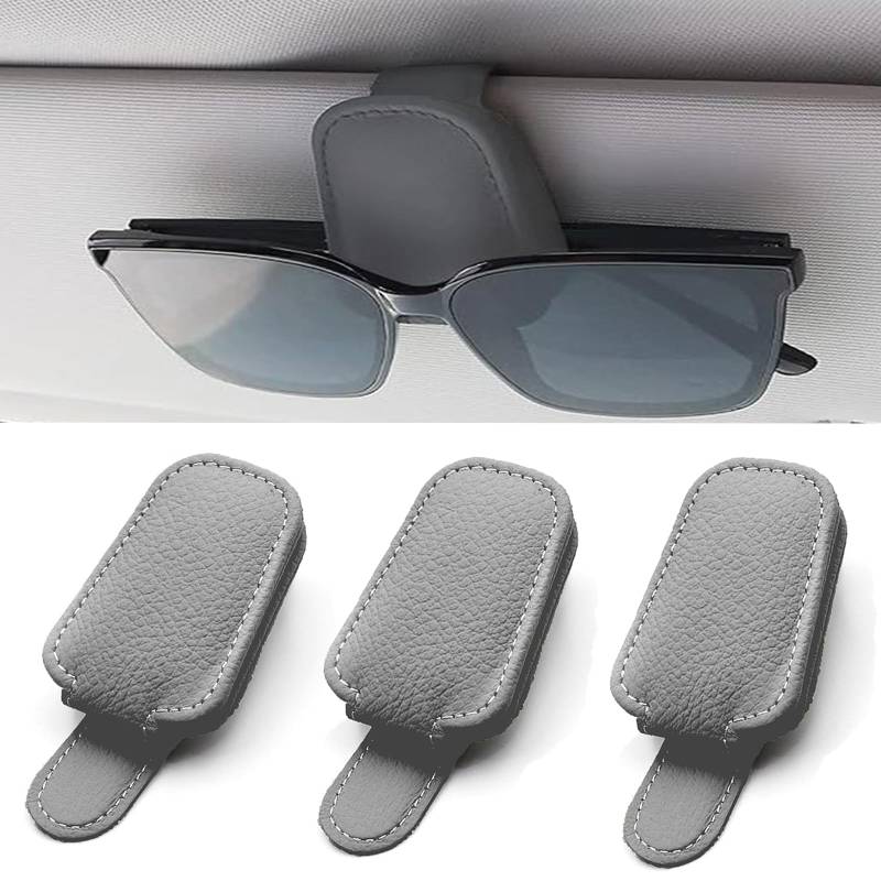 AHEJIOO 3 Stück Brillenhalter für Auto – Universeller Sonnenbrillenhalter Auto – Premium Auto Zubehör Innenraum, Grau Leder von AHEJIOO