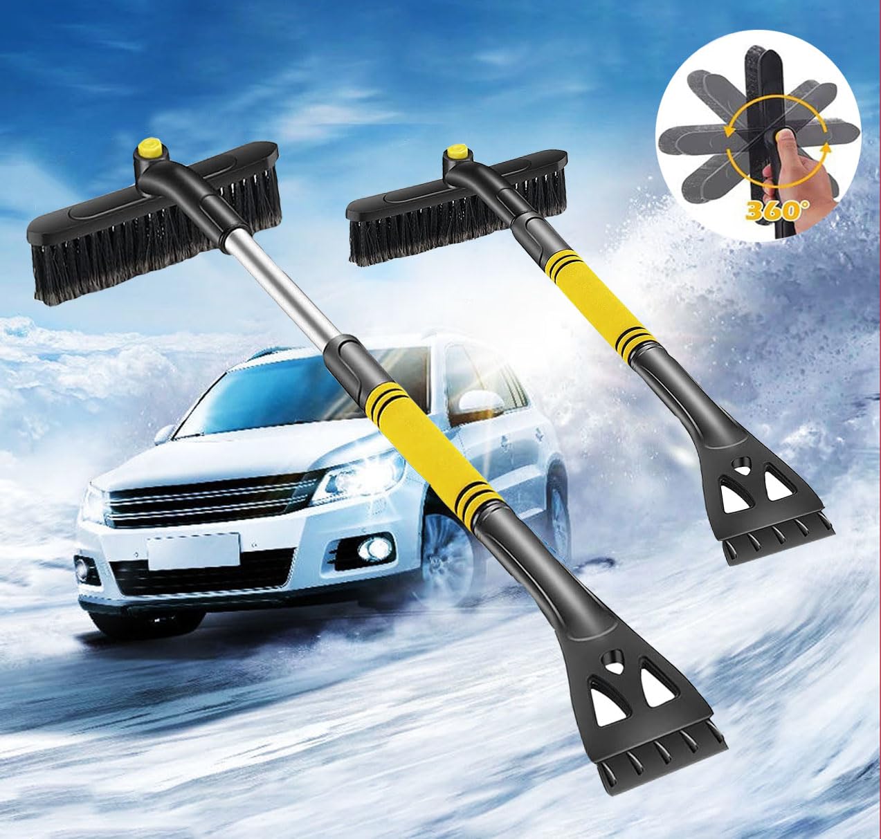 3in1 Auto Reinigungsbürste, Eiskratzer & Schneebürste, Ausziehbare Schneeräumbürste,Abnehmbarer Eisschaber,mit Schaumstoffgriff und mit 360 ° Grad Bürstenkopf für PKW,LKW und SUV(ABS, PVC Bürste)Gelb von AHYDFSR