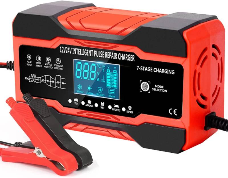 10A Autobatterie Ladegerät, 12V/24V Smart vollautomatische KFZ Batterieladegerät mit LCD-Bildschirm, geeignet für Auto LKW Motorrad Rasenmäher Boot Marine Batterien von AIBEAU