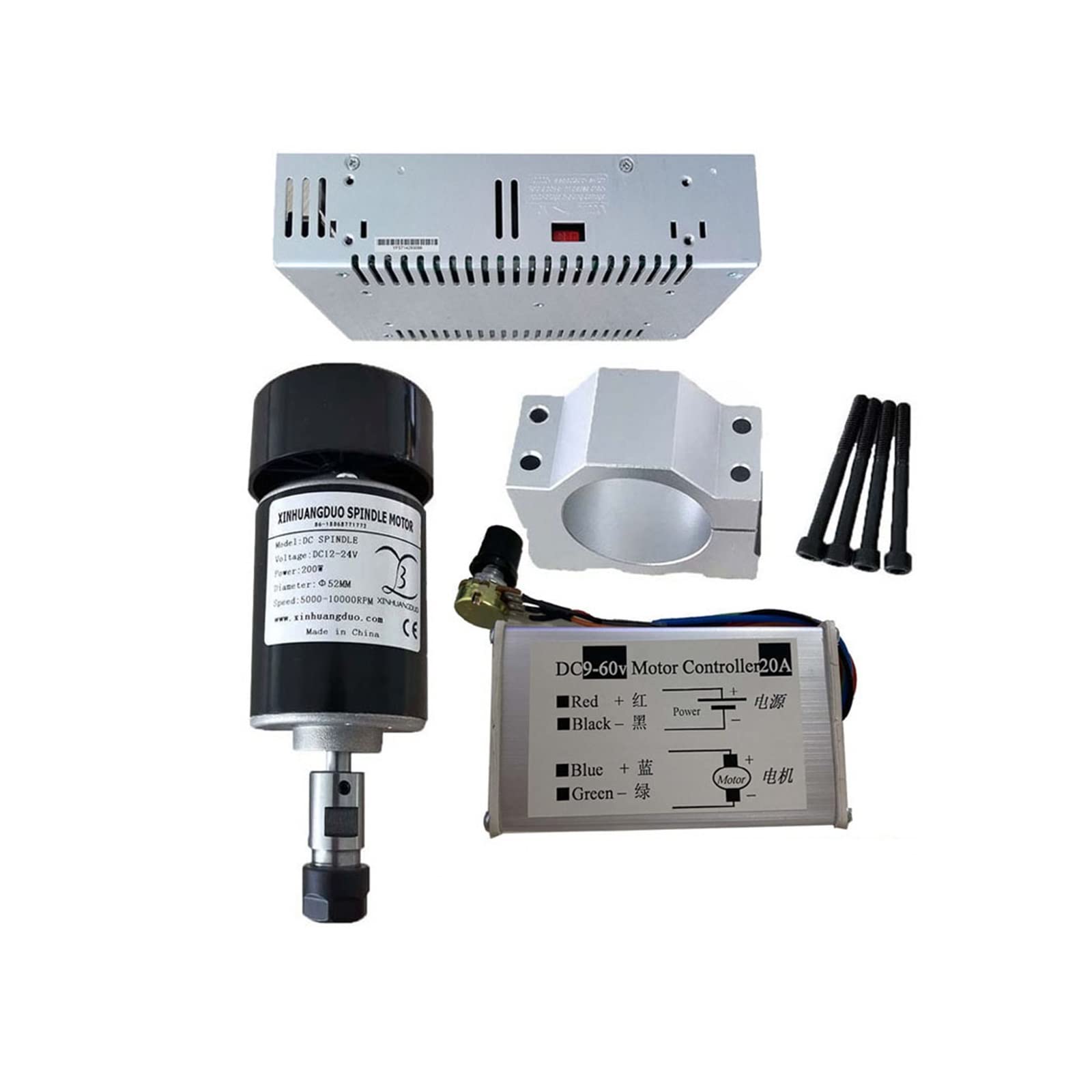 Spindelmotor, 0,2 kW luftgekühlte Spindel ER11 Spannfutter CNC 200 W Spindelmotor + 52 mm Klemmen + Netzteil + Drehzahlregler for DIY CNC 24 V 10000 U/min(Package 5) von AIRYSSFU