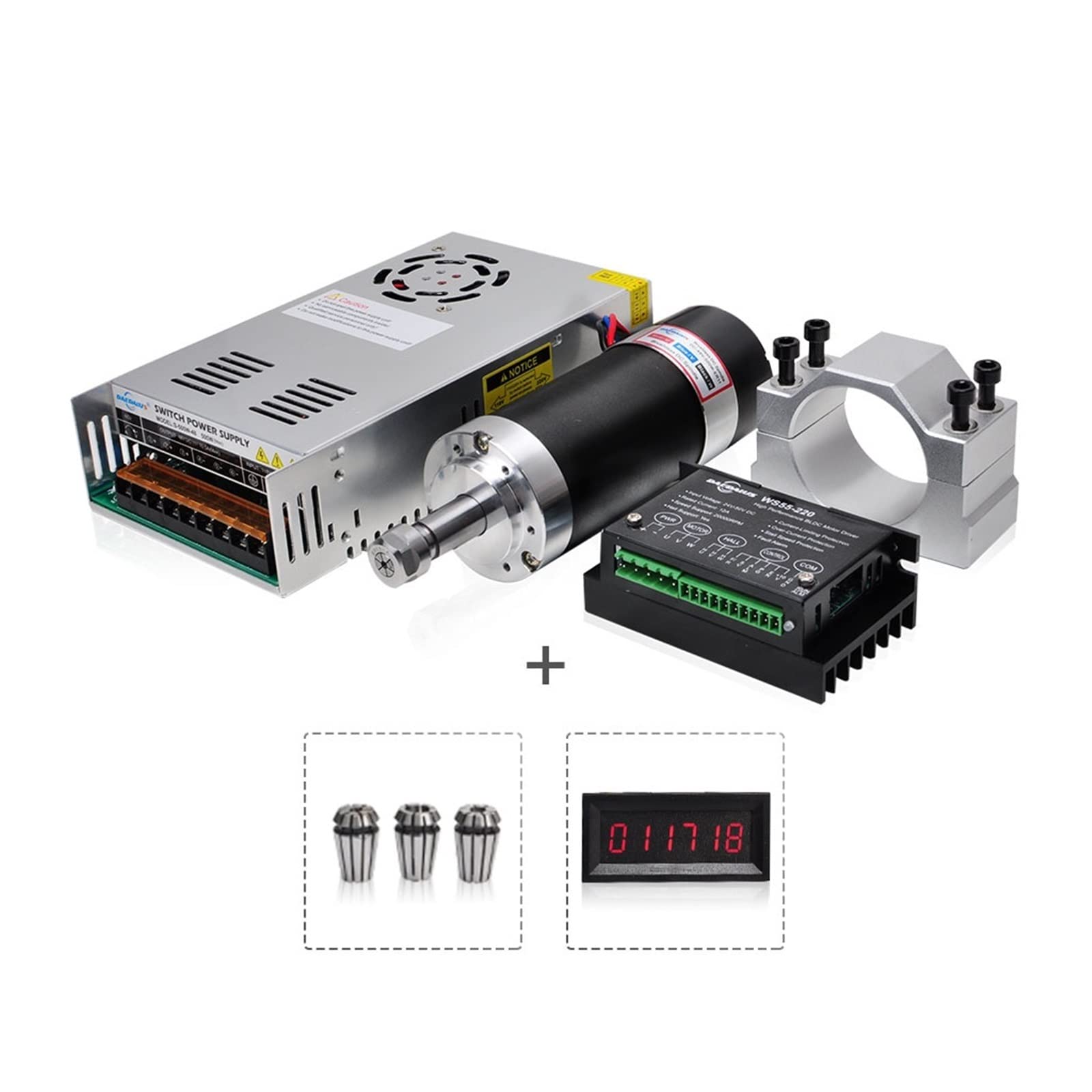 Spindelmotor, Bürstenloser 500-W-Spindelmotor ER11-Gleichstrommotor for CNC-Fräsen mit Netzteiltreiber 55-mm-Klemmhalterung ER11-Spannzangen(Kit 4) von AIRYSSFU