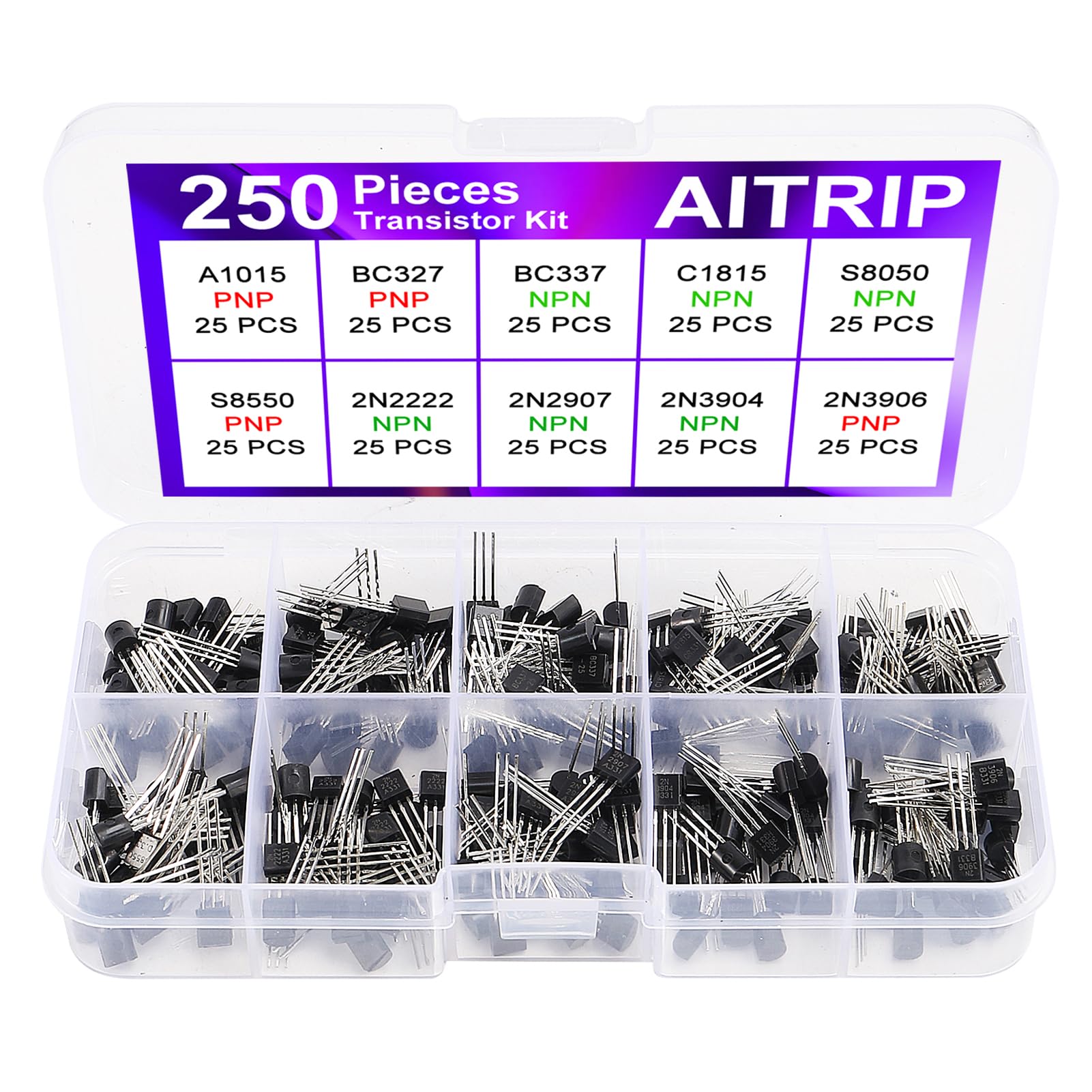 10 Werte 250 Stück A1015 BC327 BC337 C1815 S8050 S8550 2N2222 2N2907 2N3904 2N3906 PNP NPN Allzweck-Leistungstransistoren-Sortimentskit 10 Werte 250 Stück A1015 BC327 BC337 C1815 S8050 S8550 2N2222 2N2907 2N3904 2N3906 PNP NPN Allzweck-Leistungstransistoren-Sortimentskit von AITRIP