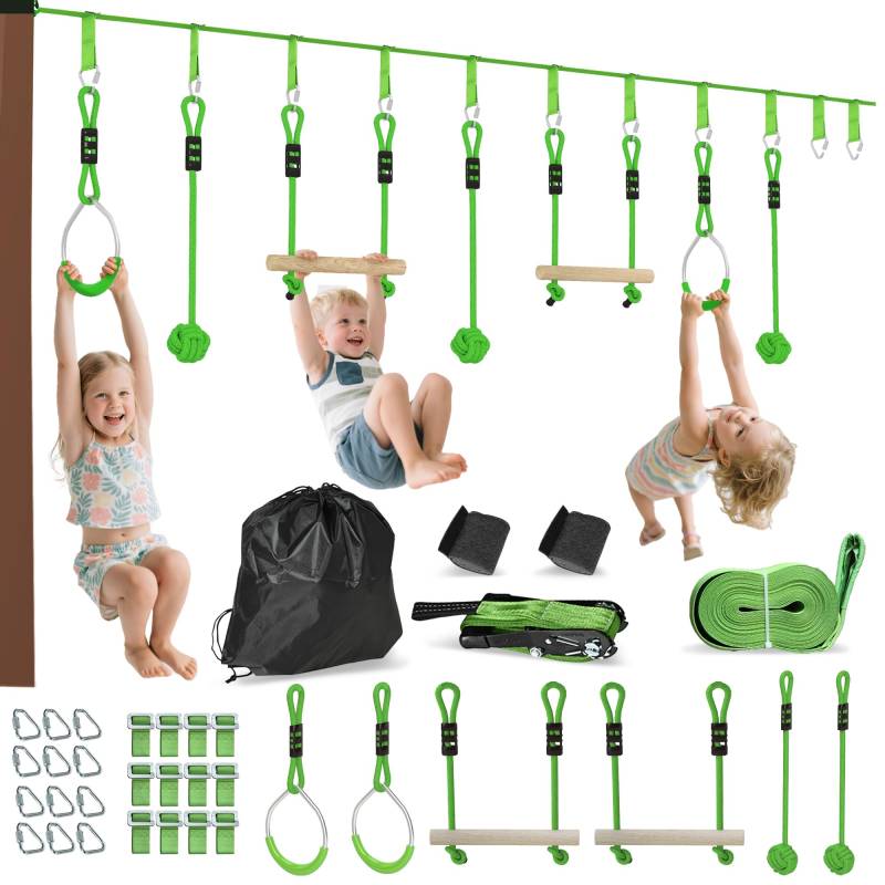 AIYAPLAY 10 m Zipline Kit Kinder Slackline-Set mit 2 Turnringe, 2 Kletterstangen und 3 Spinnerräder für Garten Outdoor Zip Line Kit für 3-6 Jahre Kinder, bis 50 kg von AIYAPLAY