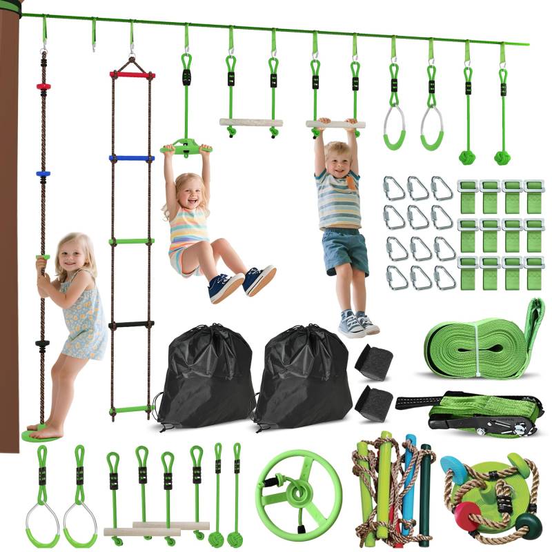 AIYAPLAY Ninja Warrior Hindernisparcours für Kinder 10m Ninja Slackline Kit mit Turnringe, Spinnerrad, Schaukel, Kletterstangen, Hängetablett, Kletterleiter Zubehör Trainingsausrüstungsset für Kinder von AIYAPLAY