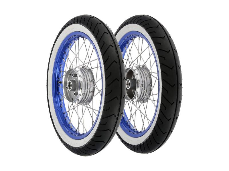 Set: 2 Kompletträder 1,5x16" Alufelge blau + Edelstahlspeichen + Weißwandreifen Mitas MC2 von AKF
