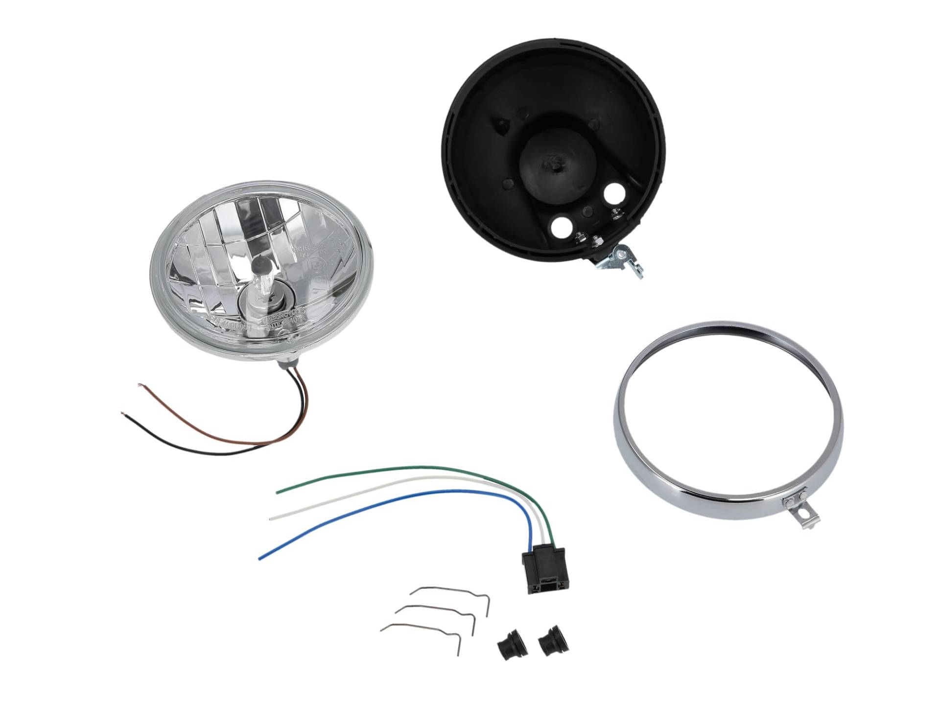 AKF Set: H4 Scheinwerferumbau Klarglas, Kunststoffgehäuse mit Chromring und Halteklammern - für Simson S50, S51, S70 AKF Set: H4 Scheinwerferumbau Klarglas, Kunststoffgehäuse mit Chromring und Halteklammern - für Simson S50, S51, S70 von AKF