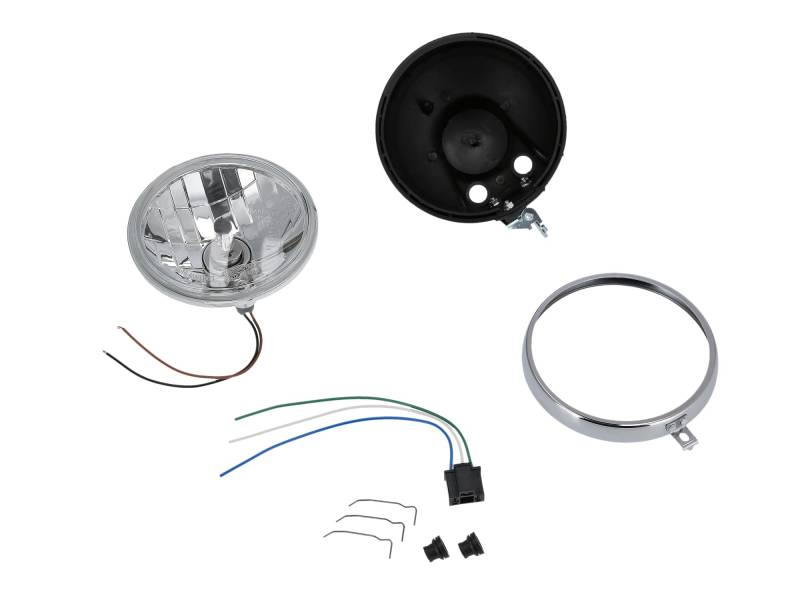 AKF Set: H4 Scheinwerferumbau Klarglas, Kunststoffgehäuse mit Chromring und Halteklammern - für Simson S50, S51, S70 von AKF