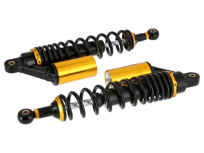 Set: Tuning-Federbeine 360mm, mit externen Ausgleichsbehälter, Schwarz/Gold - für Simson S50, S51, S70 von AKF