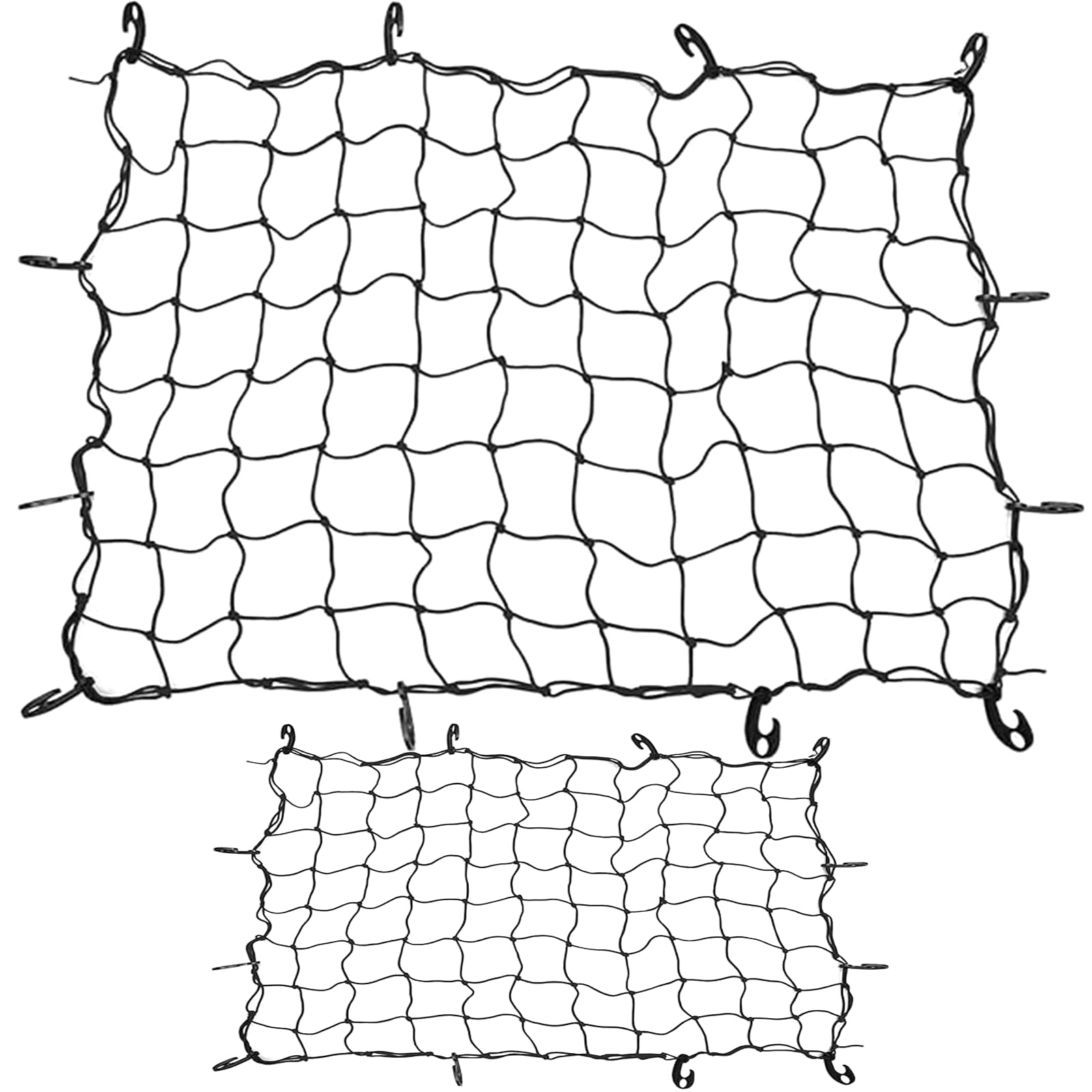 AKOLAFE 2 Stück Gepäcknetz 120x90 cm Kofferraumnetz Auto Ladungssicherung Kofferraum Netz Nylon Spannnetz mit Haken Schwarz Aufbewahrungsnetze Sicherheitsnetz für Wohnmobile, Vans, Autos, Motorrad von AKOLAFE