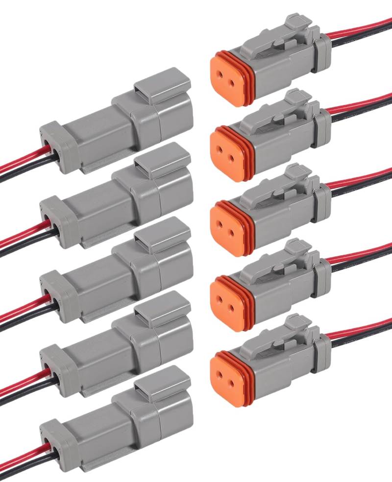 ALAMSCN 5 Sets 2 Polig DT Stecker DT Steckverbinder Wasserdichter Stecker und Buchse Deutsch Stecker Elektrischer Steckverbinder mit 15cm 16AWG Kabel für Motorräder, Auto, LKW, Boot von ALAMSCN