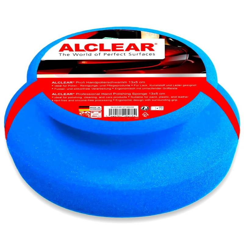 ALCLEAR 5713050M Auto Profi Handpolierschwamm 130x50 mm mit umlaufender Griffleiste für Wachse, Auto Polituren, Kfz Lackreiniger, Politur Set, statt Poliermaschine, Farbe blau von ALCLEAR