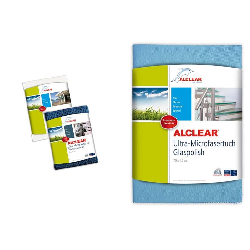 ALCLEAR 820002 Mikrofasertücher Fensterset - Fenstertuch, 60x45 cm Wundertuch und Trockentuch 60x40 cm & Ultra-Microfasertuch Glaspolish 70 x 50 cm Scheibentuch und Gläserpoliertuch, blau von ALCLEAR