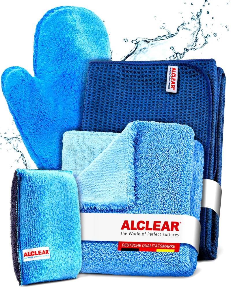 ALCLEAR 8201000 Profi Autopflegeset 4teilig bestehend aus Trockenwunder, 2-Seiten Allrounder, Felgenhandschuh sowie Microcar Autoschwamm von ALCLEAR