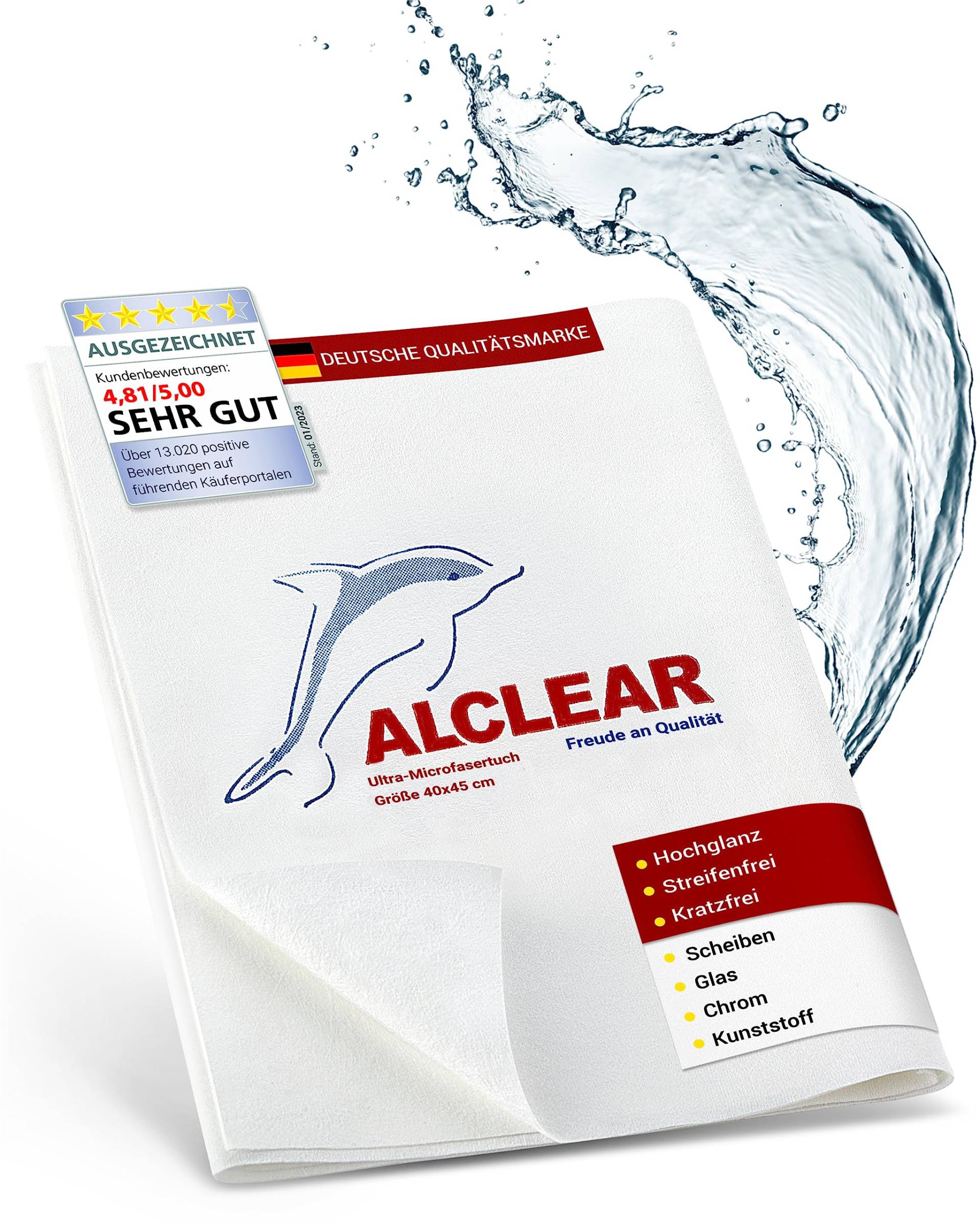 ALCLEAR 950001 Microfaser Fenstertuch - ideal als Scheibentuch zum Putzen von Auto, Haushalt, Fenster & Chrom - 40x45 cm, weiss von ALCLEAR
