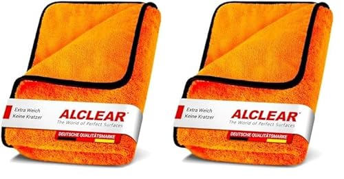 ALCLEAR 9520 Auto Trockentuch XXL - Microfasertuch Autopflege, saugstark, 90x60cm für kratzfreies Trocknen, Auto Mikrofasertuch - Microfasertücher Auto - Poliertuch Auto, Orange (Packung mit 2) von ALCLEAR