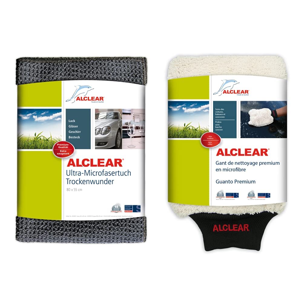 ALCLEAR Auto Microfasertuch Trockenwunder für Autopflege, Autolack, Motorrad, Küche u. Haushalt – 80x55 cm grau & Mikrofaser Handschuh zum Auto waschen mit Shampoo von ALCLEAR