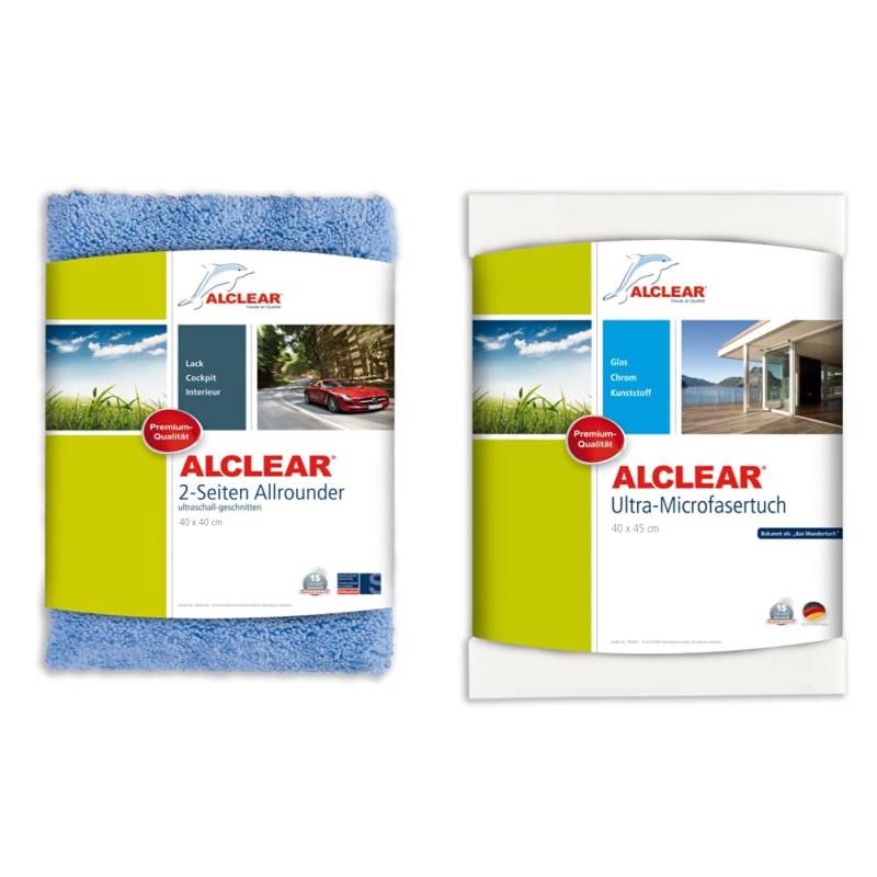 ALCLEAR Microfaser Auto Poliertuch 2-Seiten-Allrounder, 40x40 cm blau & 950001 Microfaser Fenstertuch - ideal als Scheibentuch zum Putzen von Auto, Haushalt, Fenster & Chrom - 40x45 cm, Weiss von ALCLEAR