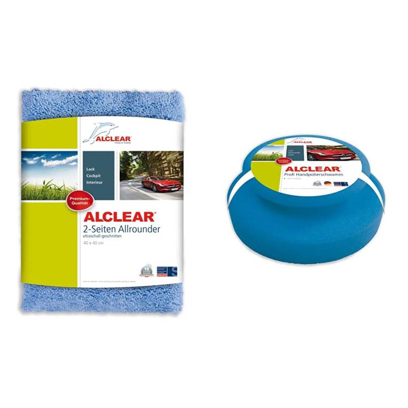 ALCLEAR Microfaser Auto Poliertuch 2-Seiten-Allrounder, 40x40 cm blau & Auto Profi Handpolierschwamm 130 x 50 mm mit umlaufender Griffleiste für Wachse, Polituren, Lackreiniger, Politur Set von ALCLEAR