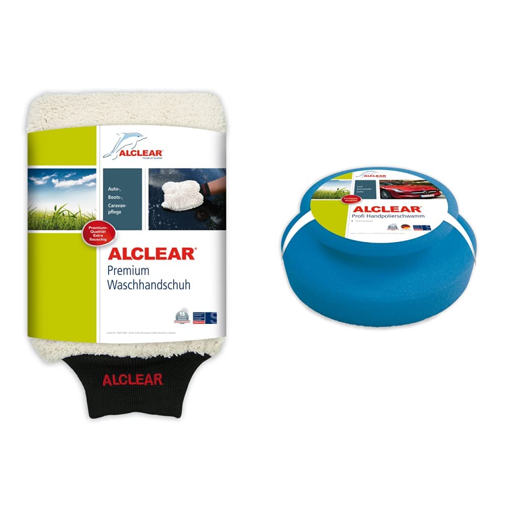 ALCLEAR Mikrofaser Handschuh zum Auto waschen mit Shampoo & 5713050M Auto Profi Handpolierschwamm 130 x 50 mm mit umlaufender Griffleiste für Wachse, Polituren, Lackreiniger, Politur Set von ALCLEAR