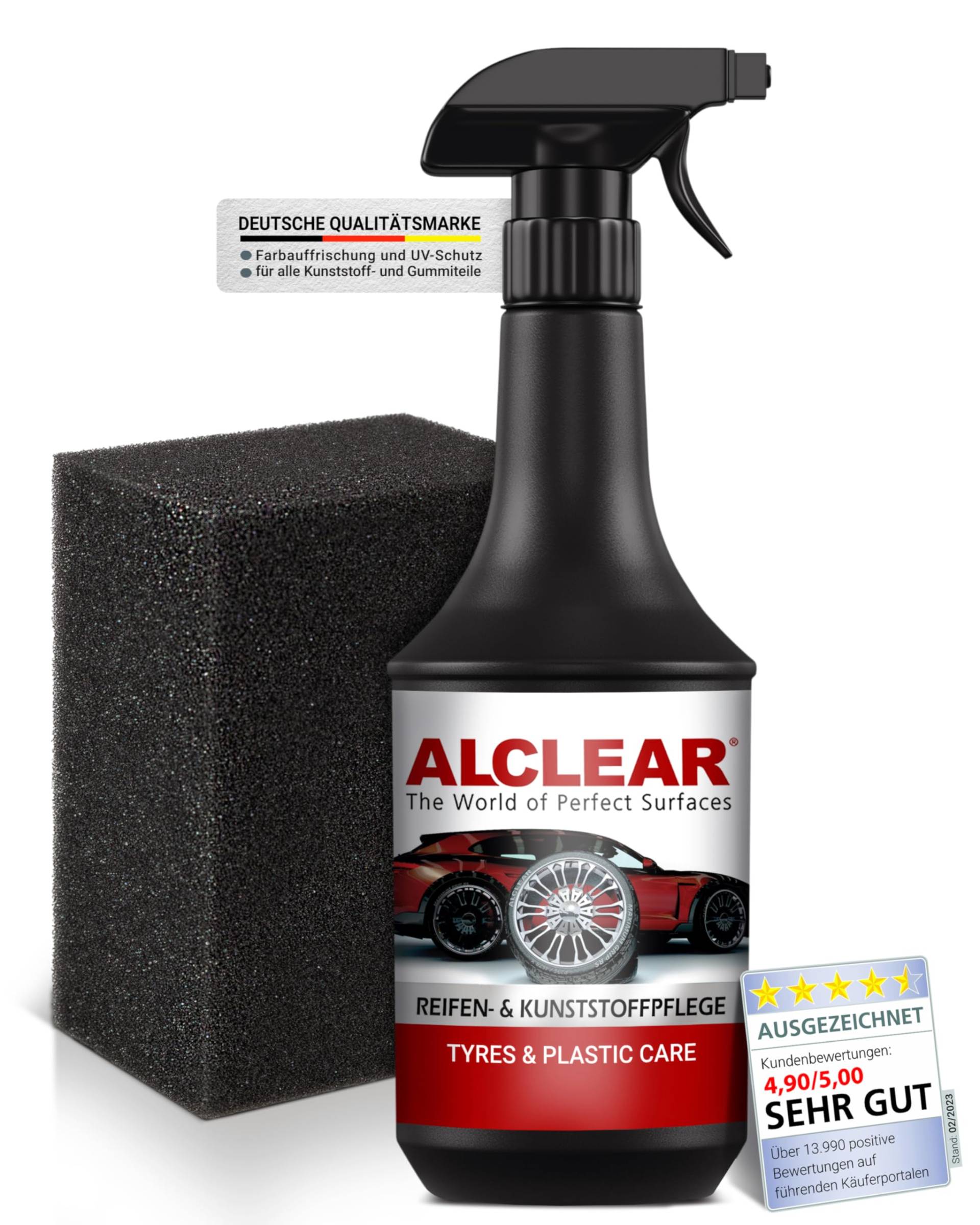 ALCLEAR Reifenglanz - Premium Autoreifen Pflege für matten Seidenglanz - 1000ml Autoreifen Glanzspray inkl. Auftragsschwamm für professionelle Auto Aufbereitung - Kunststoffpflege Auto Gummipflege von ALCLEAR