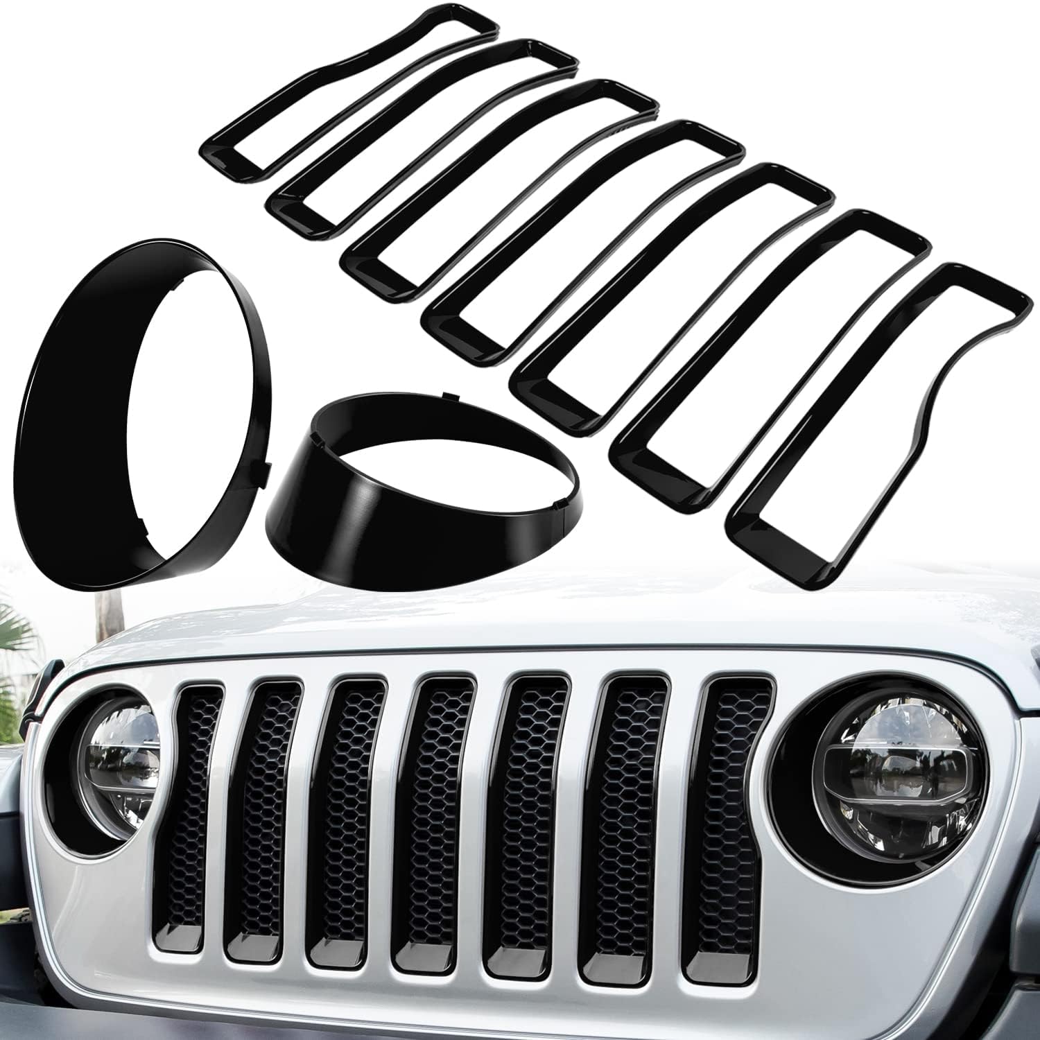 Frontgrill-Gittereinsatz und Scheinwerfer-Zierabdeckung für Jeep Wrangler JL JLU Unlimited Sport/Sport 2018–2022, Außenzubehör,Black von ALIEDA