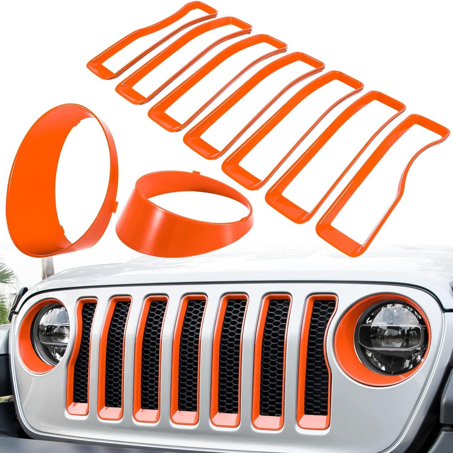 Frontgrill-Gittereinsatz und Scheinwerfer-Zierabdeckung für Jeep Wrangler JL JLU Unlimited Sport/Sport 2018–2022, Außenzubehör,Orange von ALIEDA